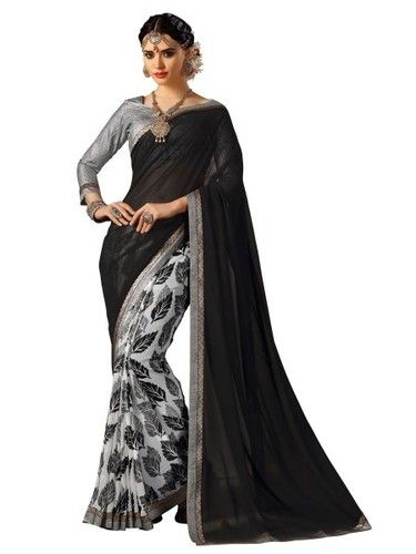 Black And White Saree With Georgette With Georgette Print