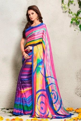 White & Blue Multi Colour Digital Printed Satin And Georgette Casual Saree