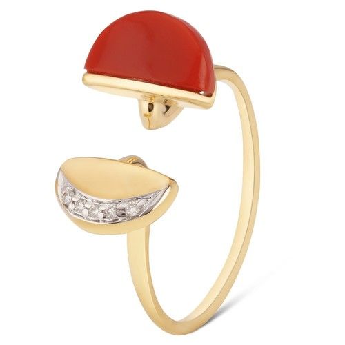 Yellow Gold Diamond and Simulated Coral Finger Ring