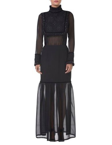 Black Victorian Style Embroidered, Translucent Panel Maxi Dress