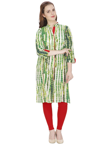 Green & White Tie & Die Printed Kurti - Cotton Fabric, Sizes S/M/L, 3-4th Sleeve Style | Ethnic Casual Wear, Washable, Chic Office Look