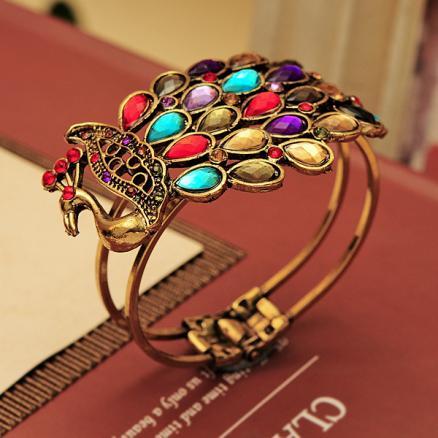 Black Peacock Design Antique Gold Plated Multicolor Adjustable Bracelet