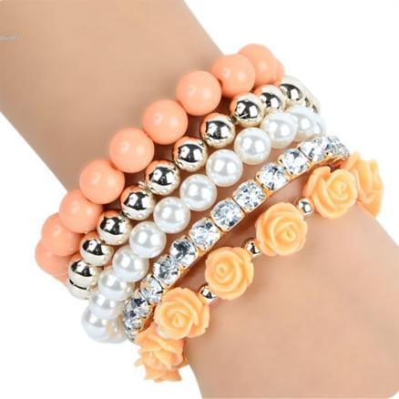 Rose Zircon Stones Beads Multilayer Stretchable Bracelet