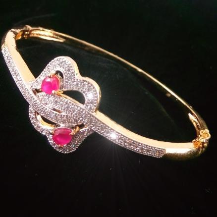 Two Heart American Diamond Ruby Gold Plated Bracelet Bangle