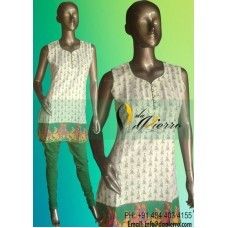 White Short Top Kurta With Green Printings