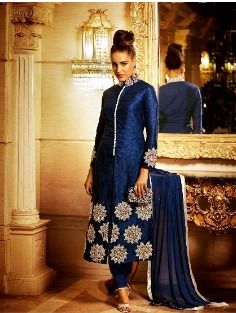 Navy Blue Bhagalpuri Silk Elegant Salwar Kameez