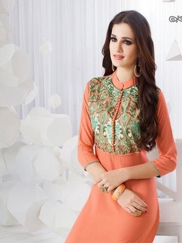 Orange Color Green Embroidered Kurti