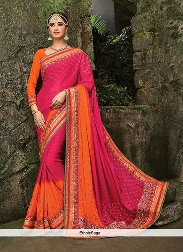 Pink Chiffon Embroidered Bridal Wear Saree