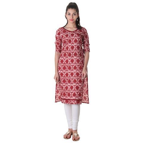 Red Angrakha Yoke Neck Cotton Womens Kurta