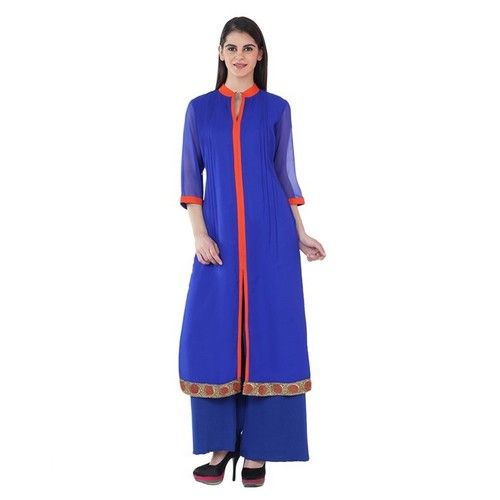 Blue Georgette Hand Embroidered Long Kurti