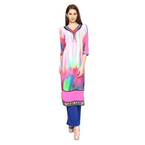 Pink And Green Printed Long Kurti