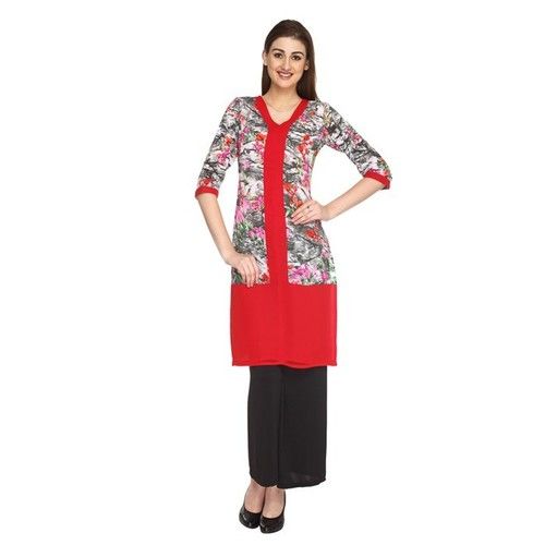 Red And Grey Printed European Crepe Long Kurti