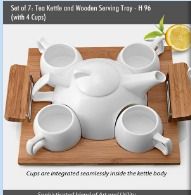 Tea Kettle with Cups and Wooden Serving Tray