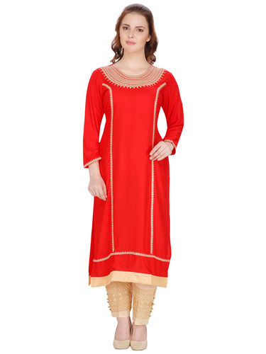 Cotton Swagg Red Mirror Work Kurti With Embroidery