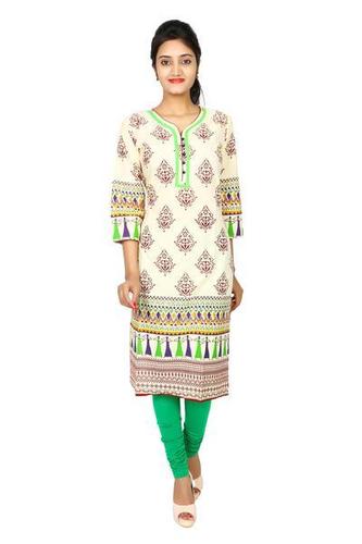 Beige Cotton Printed Designer Kurti
