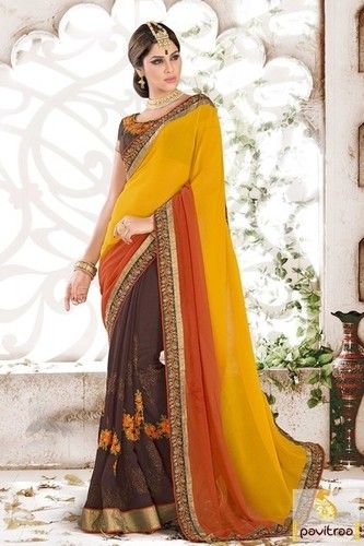 Brown And Cyber Yellow Designer Half Saree