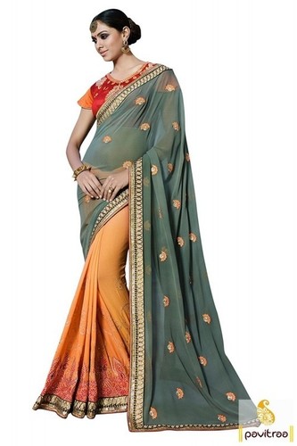 Mustard Orange and Grey Lace Border Half Silk Saree