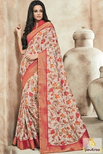 White Pink Printed Silk Saree with Banarasi Border