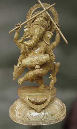 Wood Sculpture Of Lord Ganesha Playing Drum (Durja)