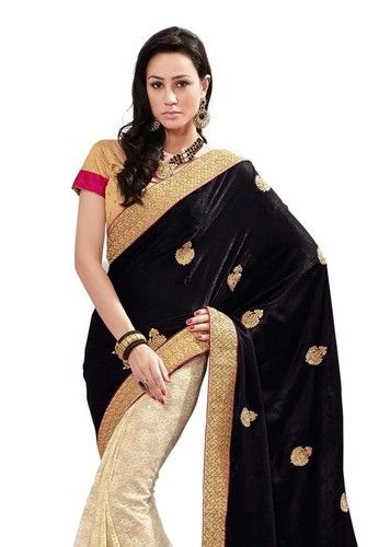 Executives Chair Black Off White Colored Net Velvet Embroidered Saree