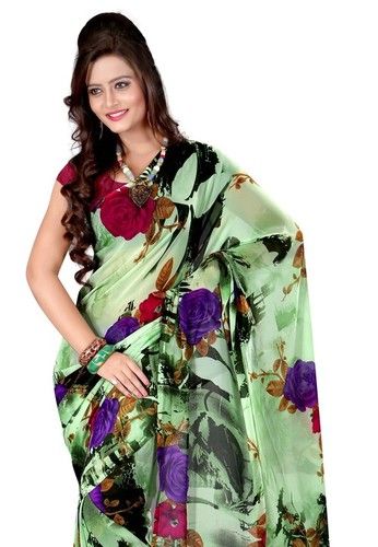 Green Printed Georgette Saree