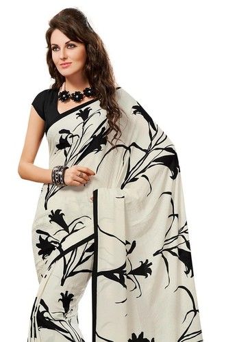 White Georgette Crepe Printed Saree