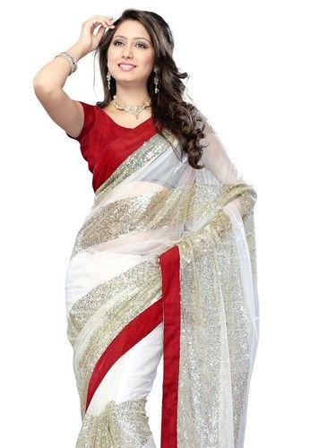 Silk White Red Net Plain Saree