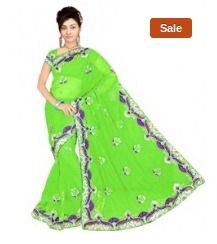 Designer Party Wear Green Embroidered Saree With Unstitched Blouse