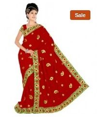 Designer Party Wear Maroon Embroidered Saree With Unstitched Blouse