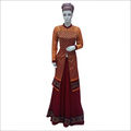 Jacket Style Anarkali Suit - Brocade & Net Fabric, Orange & Maroon Shade with Contrasting Hemline and Chinese Collar