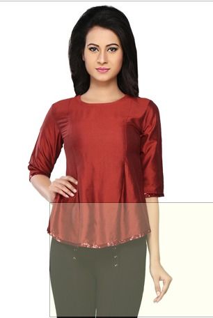 Dark Red Cotton Silk Readymade Flared Top