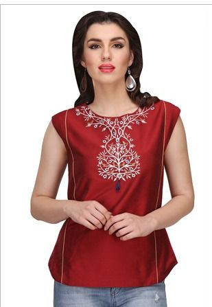 Embroidered Cotton Silk Top In Maroon