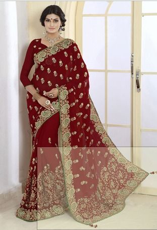 Embroidered Georgette Saree in Maroon