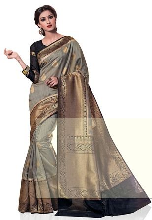 Grey And Black Art Kanchipuram Silk Saree With Blouse