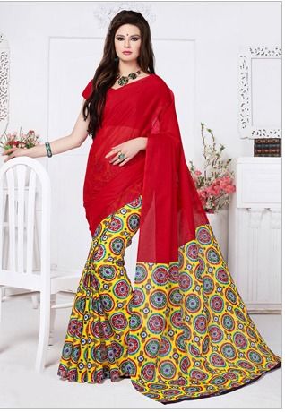 Half N Half Printed Cotton Saree In Red And Yellow