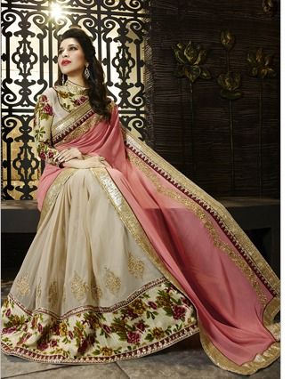 Peach And Beige Faux Georgette Half Half Saree With Blouse