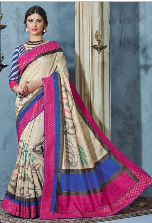 Printed Art Silk Saree in Beige