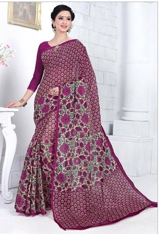 Printed Cotton Saree in Magenta