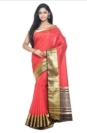 Woven Bangalore Silk Saree In Coral