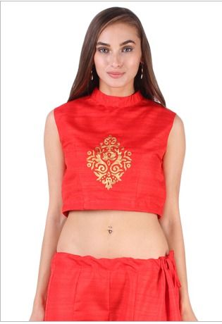 Block Printed Bhagalpuri Silk Crop Top in Red