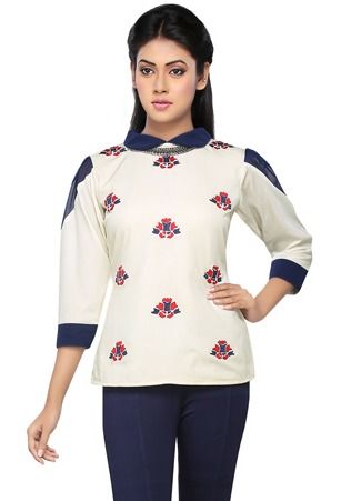 Embroidered Crepe and Georgette Top in Off White