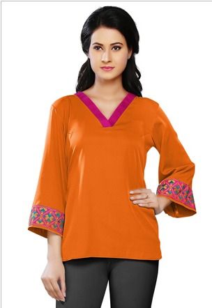 Embroidered Crepe Top In Orange