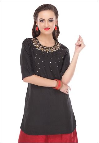 Hand Embroidered Cotton Silk Top In Black