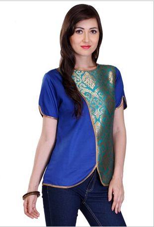 Woven Cotton Silk And Brocade Top In Blue