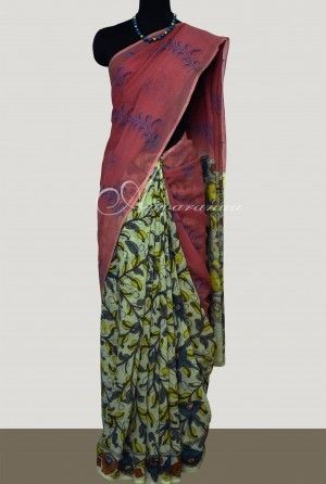 Kanchipuram Silk Saree - Tri-Color Design with Green, Peach, and Yellow Pleats | Enhanced with Zari Lines and Matching Blouse