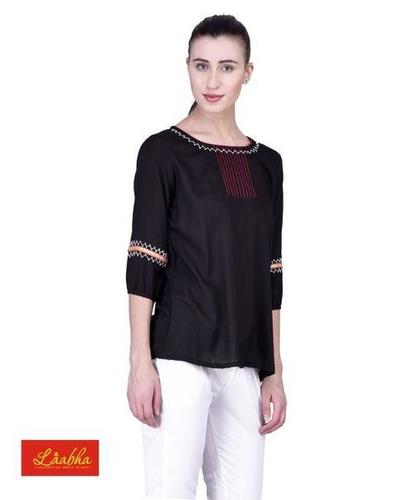 Women Solid Black Top With Embroidered Neck N Sleeve