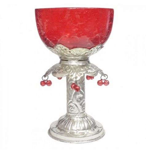 Glass Candle Votive With Silver Stand - Red