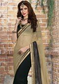 Beige And Black Color Lycra Shimmer Net And Net Saree