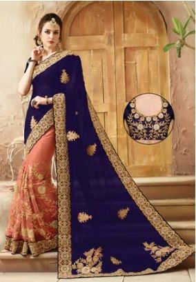 Navy Blueandpink Color Viscose Soft Net And Art Silk Saree