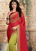 Red and Light Olive Green Color Faux Satin Chiffon and Net Saree